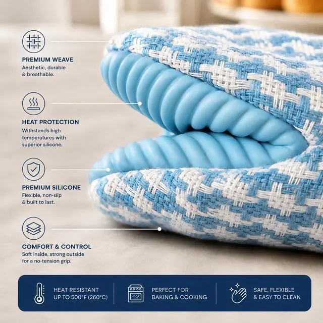 Alt view image 5 of 6 - Houndstooth 2-Pack Silicone Mini Oven Mitts, Heat Resistant Pot Holders for Kitchen, Non-Slip Oven Mitt Set, Quilted Hot Pads for Cooking & Baking, Sky Blue, 5.5 x 7 Inch, Everyday
