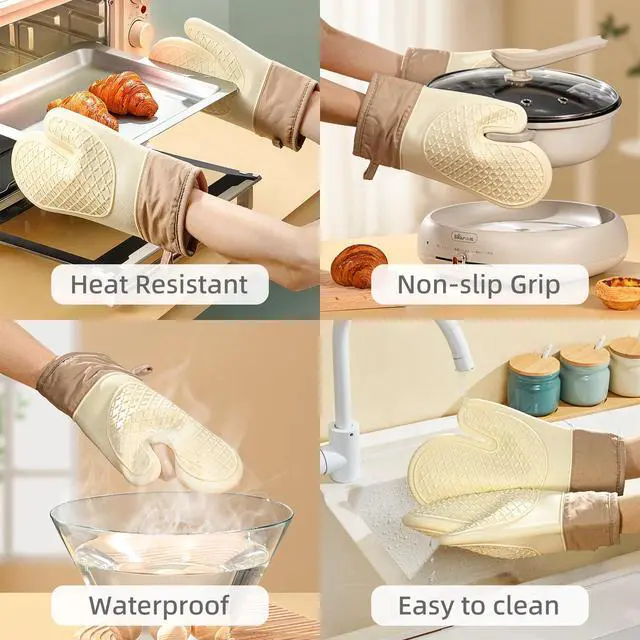 Alt view image 5 of 7 - Silicone Oven MittsHeat Resistant up to 500°F, Oven Gloves with Soft Lining, Non-Slip Kitchen Essentials, Kitchen Gadgets, Apartment Essentials, Great Gift for Cooking (beige-1pair)