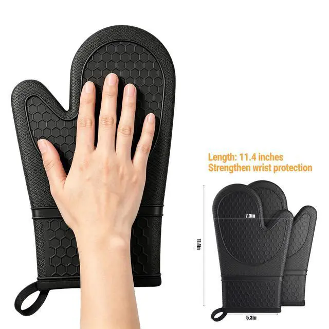 Alt view image 2 of 7 - Silicone Oven Mitts 500°F Heat Resistant BBQ Gloves 2-Pack Black