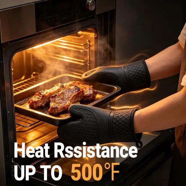 Alt view image 4 of 7 - Silicone Oven Mitts 500°F Heat Resistant BBQ Gloves 2-Pack Black