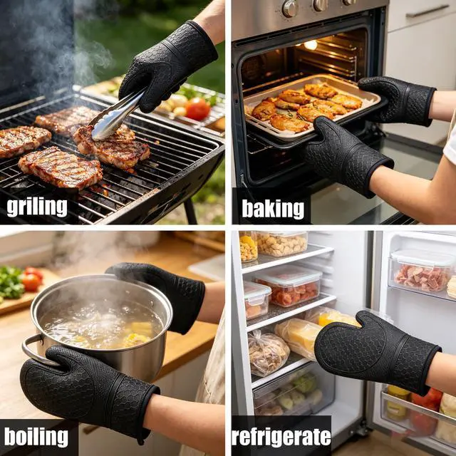 Alt view image 5 of 7 - Silicone Oven Mitts 500°F Heat Resistant BBQ Gloves 2-Pack Black