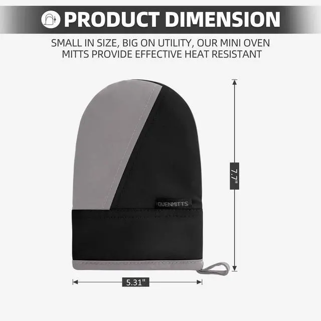 Alt view image 2 of 7 - Mini Oven Mitts, Kitchen Oven Gloves Kitchen Mittens 500 Degrees Heat Resistant Baking Gloves, Non-Slip Silicone Surface with Hanging Loops Hot Gloves for Cooking, Baking, BBQ 1 Pair-Black