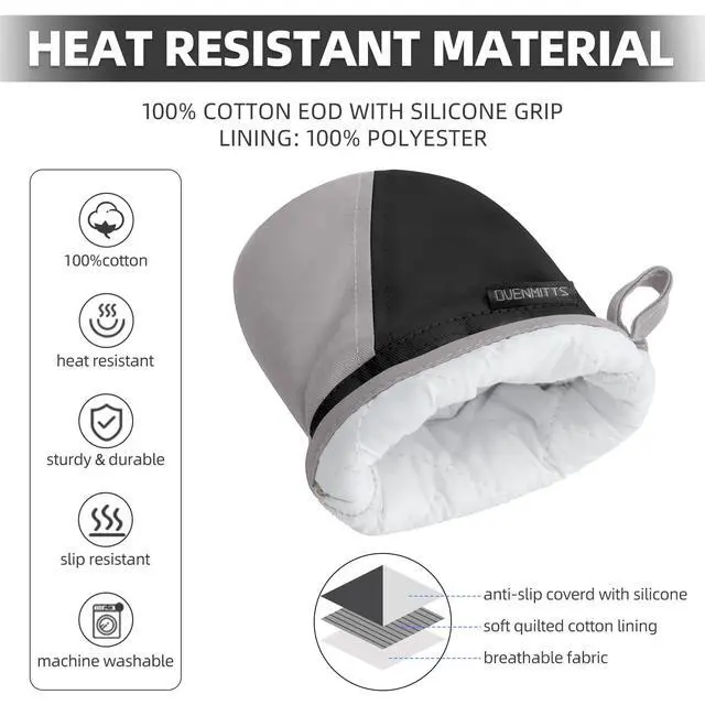 Alt view image 4 of 7 - Mini Oven Mitts, Kitchen Oven Gloves Kitchen Mittens 500 Degrees Heat Resistant Baking Gloves, Non-Slip Silicone Surface with Hanging Loops Hot Gloves for Cooking, Baking, BBQ 1 Pair-Black
