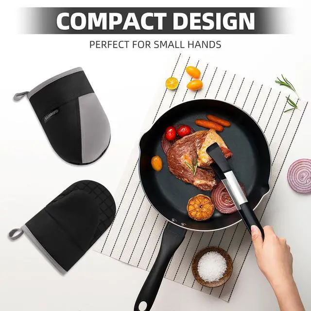 Alt view image 5 of 7 - Mini Oven Mitts, Kitchen Oven Gloves Kitchen Mittens 500 Degrees Heat Resistant Baking Gloves, Non-Slip Silicone Surface with Hanging Loops Hot Gloves for Cooking, Baking, BBQ 1 Pair-Black