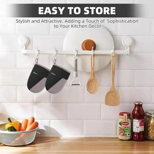Alt view image 7 of 7 - Mini Oven Mitts, Kitchen Oven Gloves Kitchen Mittens 500 Degrees Heat Resistant Baking Gloves, Non-Slip Silicone Surface with Hanging Loops Hot Gloves for Cooking, Baking, BBQ 1 Pair-Black