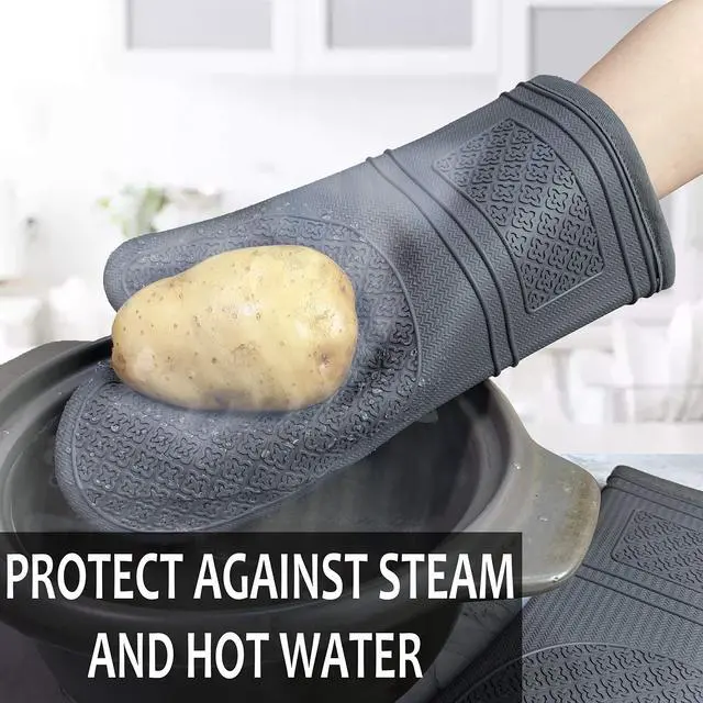 Alt view image 2 of 6 - Silicone Oven Mitts, Oven Gloves with Non-Slip Silicone, 600 Degree Heat Resistant, Soft Cotton Lining, Waterproof and BAP-Free, Oven Mitts for Cooking and Baking - 1 Pair 12 Inch Charcoal Grey