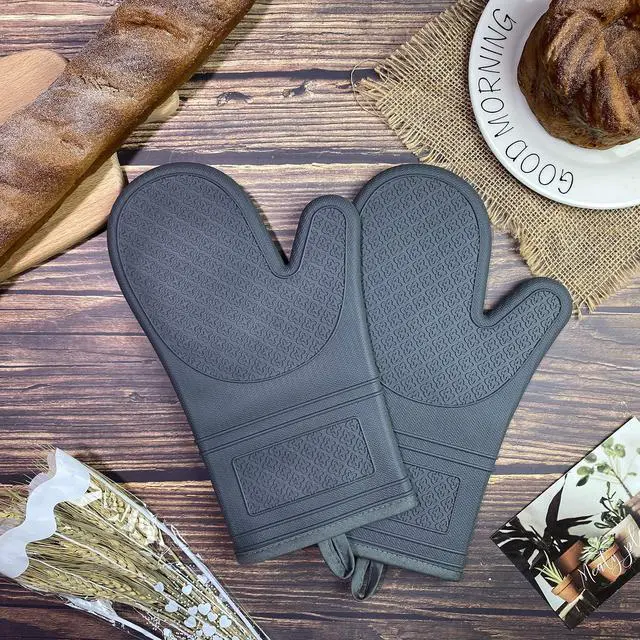 Alt view image 6 of 6 - Silicone Oven Mitts, Oven Gloves with Non-Slip Silicone, 600 Degree Heat Resistant, Soft Cotton Lining, Waterproof and BAP-Free, Oven Mitts for Cooking and Baking - 1 Pair 12 Inch Charcoal Grey