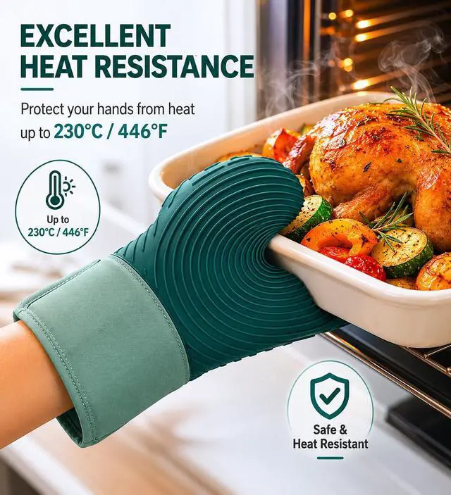 Alt view image 2 of 3 - Silicone Oven Mitts Heat Resistant up to 446°F, Long Non-Slip BBQ Gloves with Soft Cotton Lining, Waterproof Kitchen Pot Holders for Baking, Cooking & Grilling,1 Pack