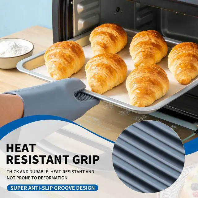 Alt view image 2 of 7 - Silicone Oven Mitts, Extended Design, 2 Piece,with Quilted Liner Non-Slip Textured Grip Perfect,Heat Resistant Oven Gloves,for BBQ,Baking