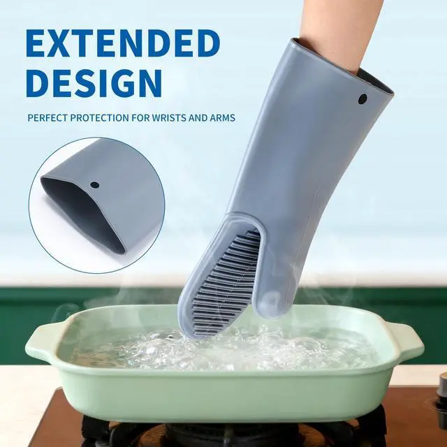 Alt view image 6 of 7 - Silicone Oven Mitts, Extended Design, 2 Piece,with Quilted Liner Non-Slip Textured Grip Perfect,Heat Resistant Oven Gloves,for BBQ,Baking