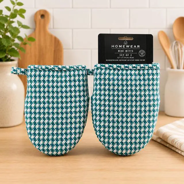 Main image of Houndstooth 2-Pack Silicone Mini Oven Mitts, Heat Resistant Pot Holders for Kitchen, Non-Slip Oven Mitt Set, Quilted Hot Pads for Cooking & Baking, Teal, 5.5 x 7 Inch, Everyday