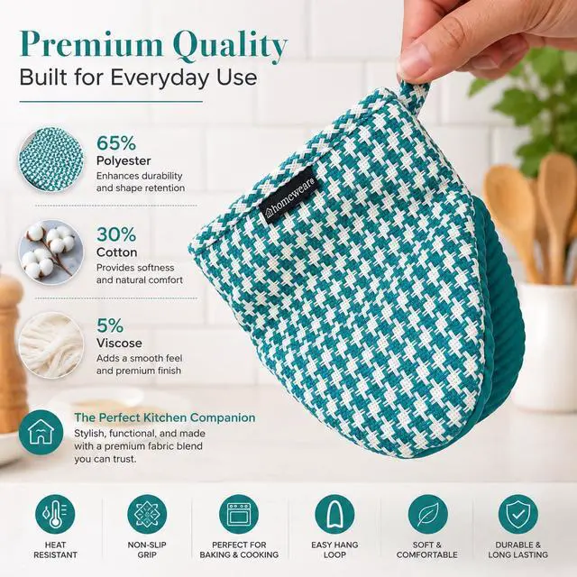 Alt view image 2 of 6 - Houndstooth 2-Pack Silicone Mini Oven Mitts, Heat Resistant Pot Holders for Kitchen, Non-Slip Oven Mitt Set, Quilted Hot Pads for Cooking & Baking, Teal, 5.5 x 7 Inch, Everyday