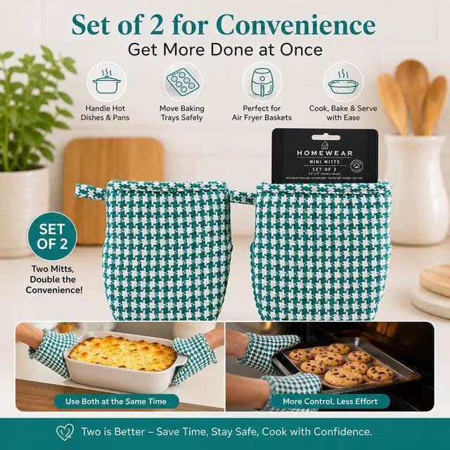 Alt view image 5 of 6 - Houndstooth 2-Pack Silicone Mini Oven Mitts, Heat Resistant Pot Holders for Kitchen, Non-Slip Oven Mitt Set, Quilted Hot Pads for Cooking & Baking, Teal, 5.5 x 7 Inch, Everyday