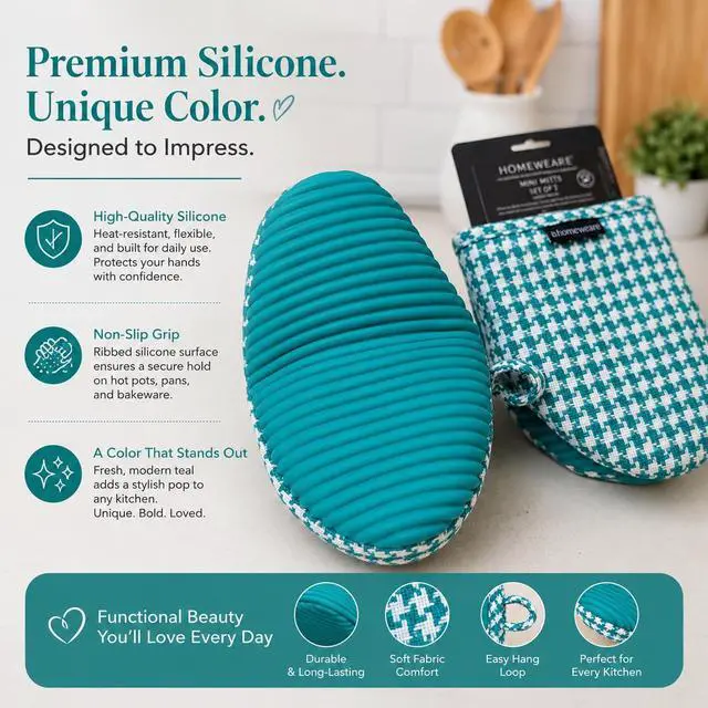 Alt view image 4 of 6 - Houndstooth 2-Pack Silicone Mini Oven Mitts, Heat Resistant Pot Holders for Kitchen, Non-Slip Oven Mitt Set, Quilted Hot Pads for Cooking & Baking, Teal, 5.5 x 7 Inch, Everyday
