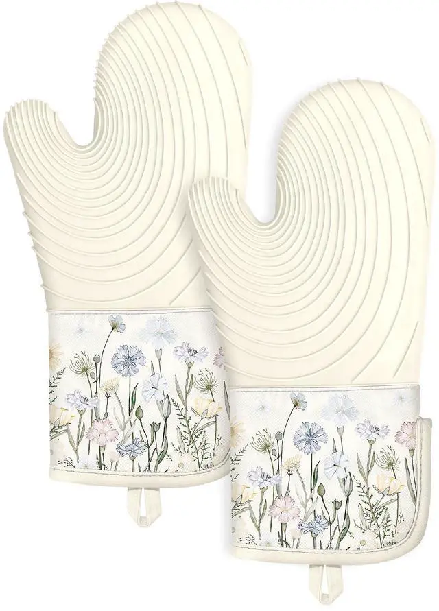 Main image of Long Silicone Oven Mitts Heat Resistant for Women - 2 Pcs Beige Wild Flowers 100% Cotton Oven Gloves, Non-Slip and Waterproof Silicone Oven Mitts with Hanger for Baking and Cooking