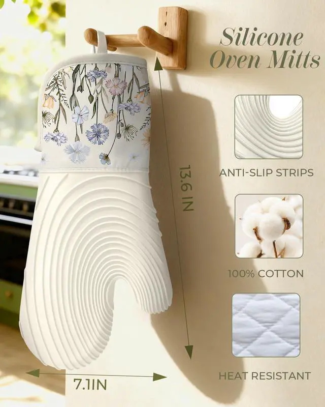 Alt view image 2 of 6 - Long Silicone Oven Mitts Heat Resistant for Women - 2 Pcs Beige Wild Flowers 100% Cotton Oven Gloves, Non-Slip and Waterproof Silicone Oven Mitts with Hanger for Baking and Cooking