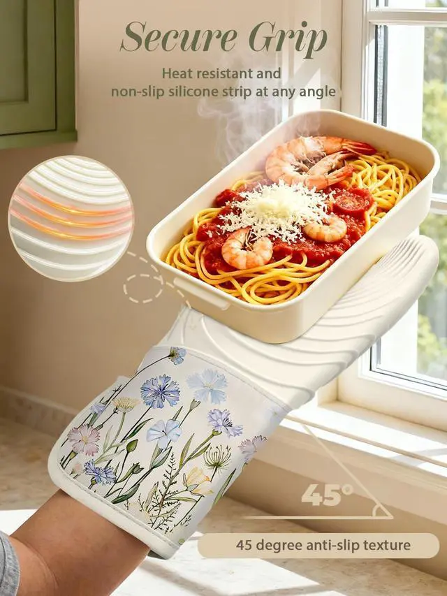 Alt view image 3 of 6 - Long Silicone Oven Mitts Heat Resistant for Women - 2 Pcs Beige Wild Flowers 100% Cotton Oven Gloves, Non-Slip and Waterproof Silicone Oven Mitts with Hanger for Baking and Cooking