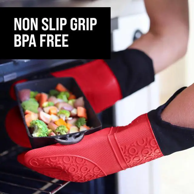 Alt view image 4 of 7 - BPA-Free Soft Silicone Oven Mitts - Ultra Heat Resistant Oven Mitts with Thick Cotton Liner - Extra Long Slip Resistant Pot Holders, Flexible Oven Gloves