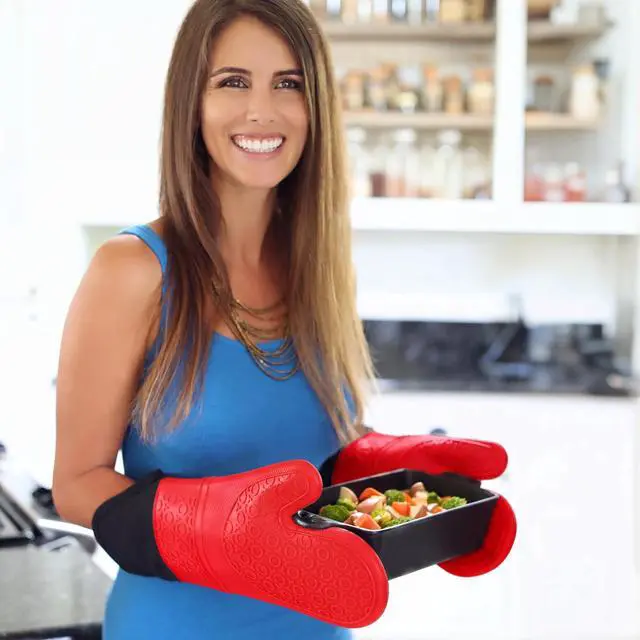 Alt view image 6 of 7 - BPA-Free Soft Silicone Oven Mitts - Ultra Heat Resistant Oven Mitts with Thick Cotton Liner - Extra Long Slip Resistant Pot Holders, Flexible Oven Gloves