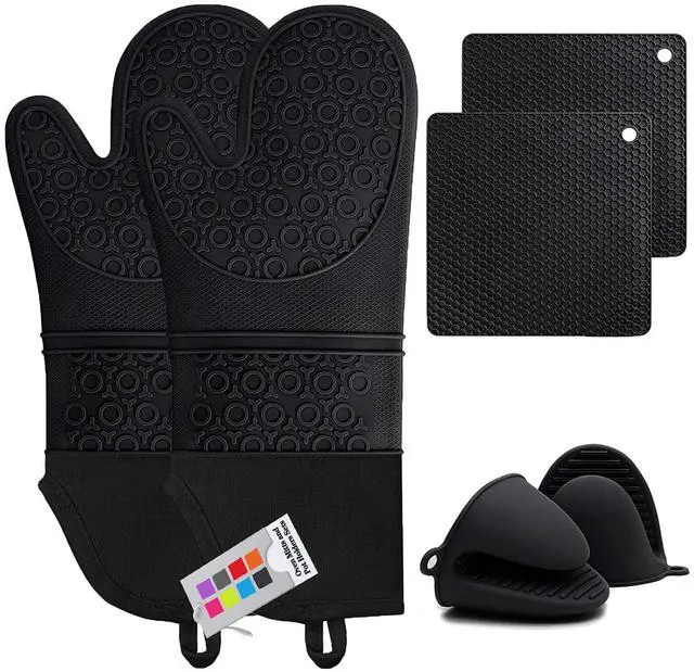 Main image of 6pcs Silicone Oven Mitts and Pot Holders Sets for Kitchen, Black