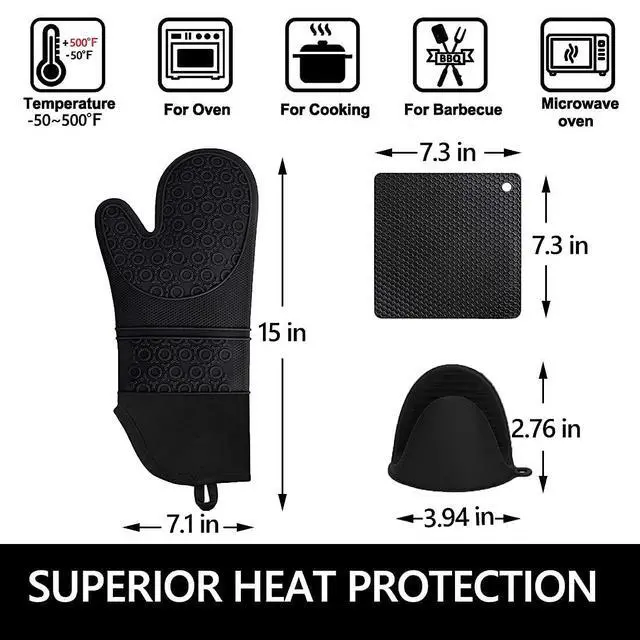 Alt view image 6 of 6 - 6pcs Silicone Oven Mitts and Pot Holders Sets for Kitchen, Black