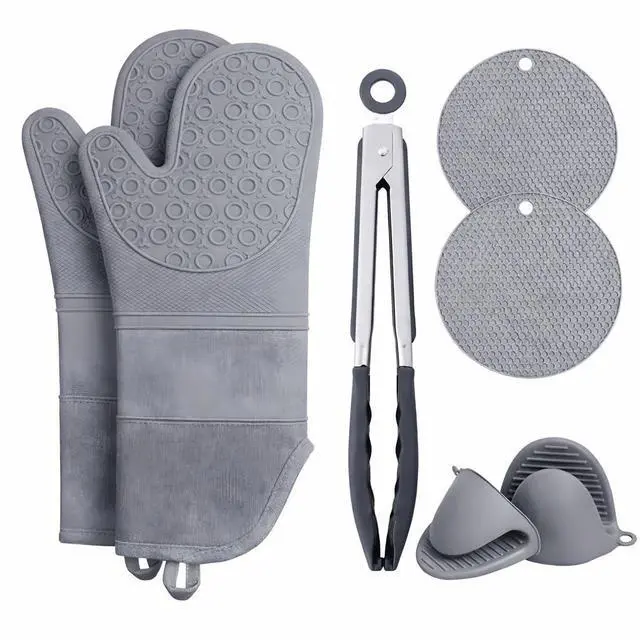 Main image of Extra Long Silicone Oven Mitts Set (7-Piece) 450°F Heat Resistant Kitchen & BBQ Gloves with Non-Slip Grip, Pot Holders & Tongs Cooking & Baking Gift Set (Grey)
