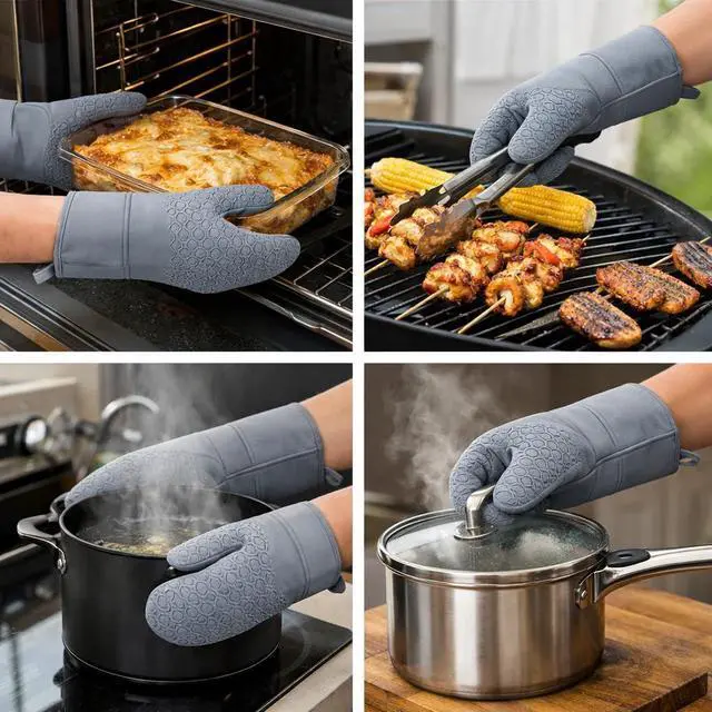 Alt view image 2 of 7 - Extra Long Silicone Oven Mitts Set (7-Piece) 450°F Heat Resistant Kitchen & BBQ Gloves with Non-Slip Grip, Pot Holders & Tongs Cooking & Baking Gift Set (Grey)