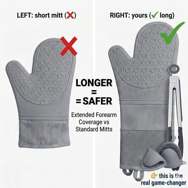 Alt view image 3 of 7 - Extra Long Silicone Oven Mitts Set (7-Piece) 450°F Heat Resistant Kitchen & BBQ Gloves with Non-Slip Grip, Pot Holders & Tongs Cooking & Baking Gift Set (Grey)