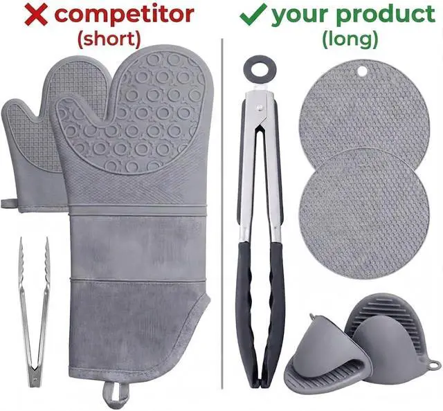 Alt view image 6 of 7 - Extra Long Silicone Oven Mitts Set (7-Piece) 450°F Heat Resistant Kitchen & BBQ Gloves with Non-Slip Grip, Pot Holders & Tongs Cooking & Baking Gift Set (Grey)