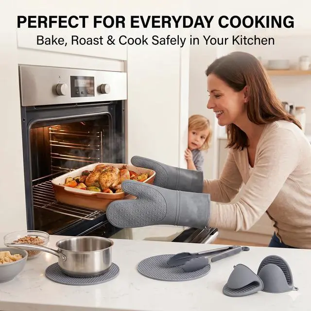 Alt view image 5 of 7 - Extra Long Silicone Oven Mitts Set (7-Piece) 450°F Heat Resistant Kitchen & BBQ Gloves with Non-Slip Grip, Pot Holders & Tongs Cooking & Baking Gift Set (Grey)