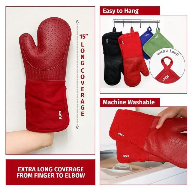 Alt view image 3 of 7 - Extra Long Silicone Oven Mitts and Pot Holders, 932°F Degrees Heat Resistance with Quilted Liner Oven Gloves and Hot Pads, 4 Piece Set, 15 inch, Red
