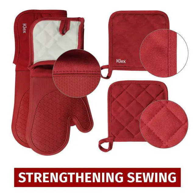 Alt view image 7 of 7 - Extra Long Silicone Oven Mitts and Pot Holders, 932°F Degrees Heat Resistance with Quilted Liner Oven Gloves and Hot Pads, 4 Piece Set, 15 inch, Red