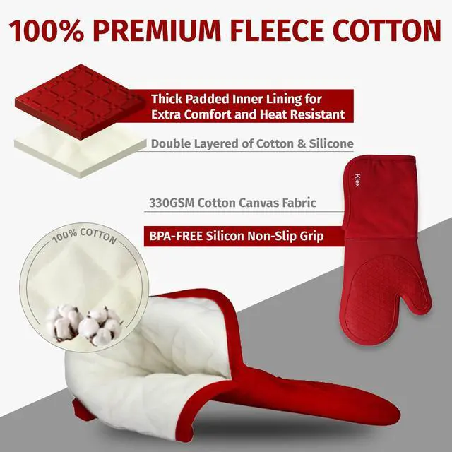 Alt view image 2 of 7 - Extra Long Silicone Oven Mitts and Pot Holders, 932°F Degrees Heat Resistance with Quilted Liner Oven Gloves and Hot Pads, 4 Piece Set, 15 inch, Red
