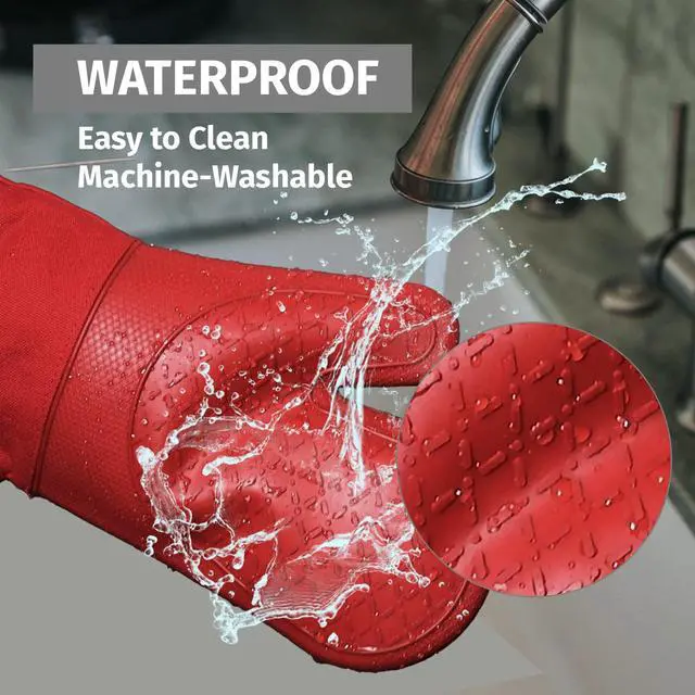 Alt view image 5 of 7 - Extra Long Silicone Oven Mitts and Pot Holders, 932°F Degrees Heat Resistance with Quilted Liner Oven Gloves and Hot Pads, 4 Piece Set, 15 inch, Red