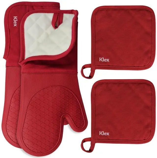 Main image of Extra Long Silicone Oven Mitts and Pot Holders, 932°F Degrees Heat Resistance with Quilted Liner Oven Gloves and Hot Pads, 4 Piece Set, 15 inch, Red