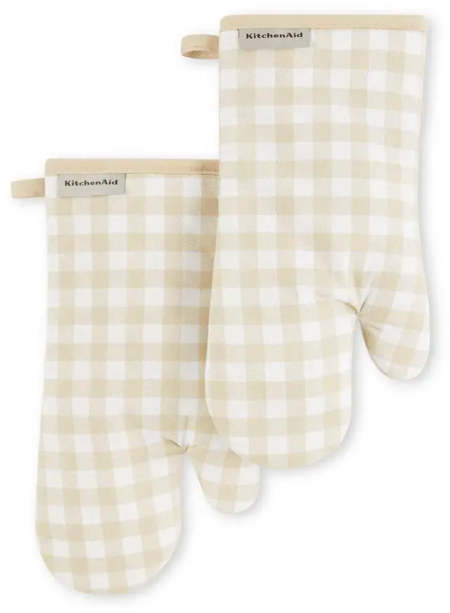 Main image of Gingham Oven Mitt 2-Pack Set, Milkshake Tan, 7"x13"