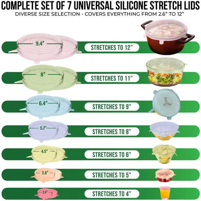 Alt view image 2 of 7 - Reusable Silicone Stretch Lids for Food Storage in Fridge - Elastic Heat-Resistant Bowl Covers, Cups, Cans, Jars - Universal Food Grade Lid for Round and Rectangle Containers - 7 Pack - Colorful