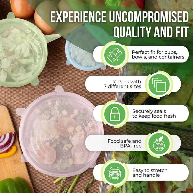 Alt view image 4 of 7 - Reusable Silicone Stretch Lids for Food Storage in Fridge - Elastic Heat-Resistant Bowl Covers, Cups, Cans, Jars - Universal Food Grade Lid for Round and Rectangle Containers - 7 Pack - Colorful