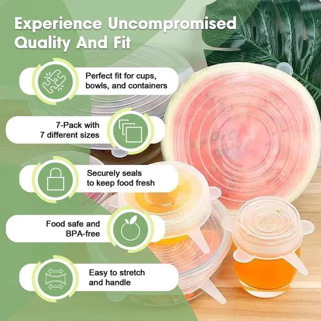 Alt view image 4 of 6 - Reusable Silicone Stretch Lids for Food Storage Elastic Bowl Covers Fit Round & Rectangle Containers, Jars, Cups Heat-Resistant, Dishwasher Safe, Premium Kitchen Gadgets (7-Piece Set)