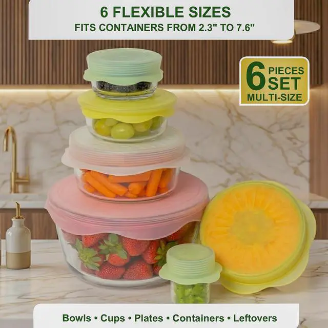 Alt view image 3 of 7 - Silicone Stretch Lids 6 PCS Airtight Reusable Food Covers for Bowls & Containers, Multi Size Flexible Silicone Lids, Leak Proof, BPA Free, Microwave Dishwasher & Freezer Safe