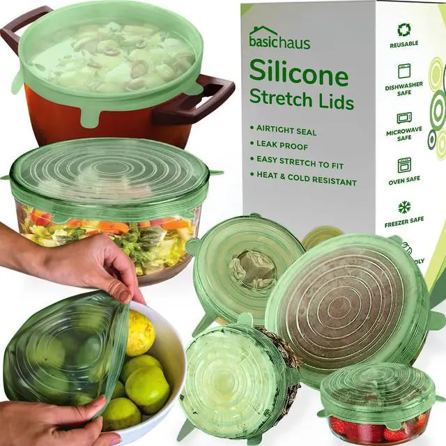 Main image of Reusable Silicone Stretch Lids for Food Storage in Fridge - Elastic Heat-Resistant Bowl Covers, Cups, Cans, Jars - Universal Food Grade Lid for Containers - 7 Pack - Light Green Stretchy Lid Set