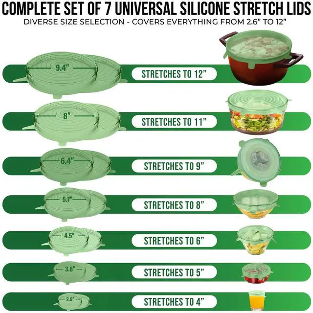 Alt view image 2 of 7 - Reusable Silicone Stretch Lids for Food Storage in Fridge - Elastic Heat-Resistant Bowl Covers, Cups, Cans, Jars - Universal Food Grade Lid for Containers - 7 Pack - Light Green Stretchy Lid Set
