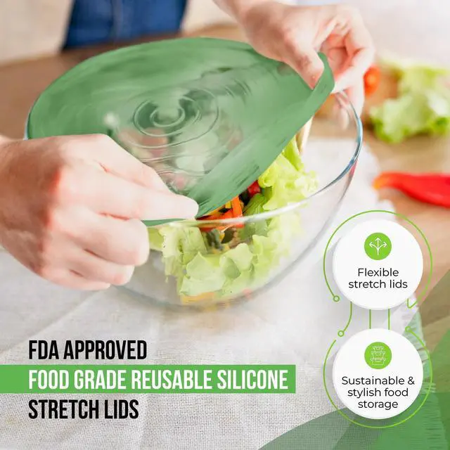 Alt view image 3 of 7 - Reusable Silicone Stretch Lids for Food Storage in Fridge - Elastic Heat-Resistant Bowl Covers, Cups, Cans, Jars - Universal Food Grade Lid for Containers - 7 Pack - Light Green Stretchy Lid Set