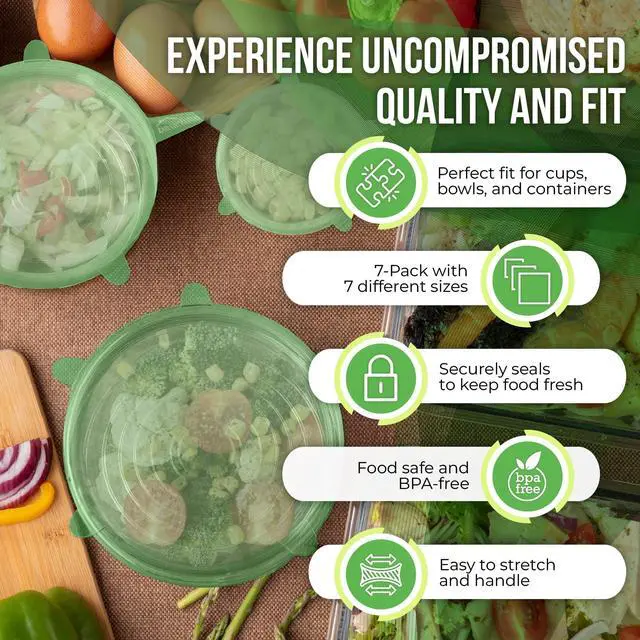 Alt view image 5 of 7 - Reusable Silicone Stretch Lids for Food Storage in Fridge - Elastic Heat-Resistant Bowl Covers, Cups, Cans, Jars - Universal Food Grade Lid for Containers - 7 Pack - Light Green Stretchy Lid Set