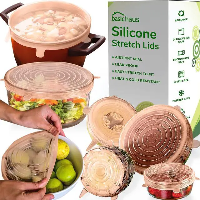 Main image of Reusable Silicone Stretch Lids for Food Storage in Fridge - Elastic Heat-Resistant Bowl Covers, Cups, Cans, Jars - Universal Food Grade Lid for Containers - 7 Pack - Apricot Stretchy Lid Set