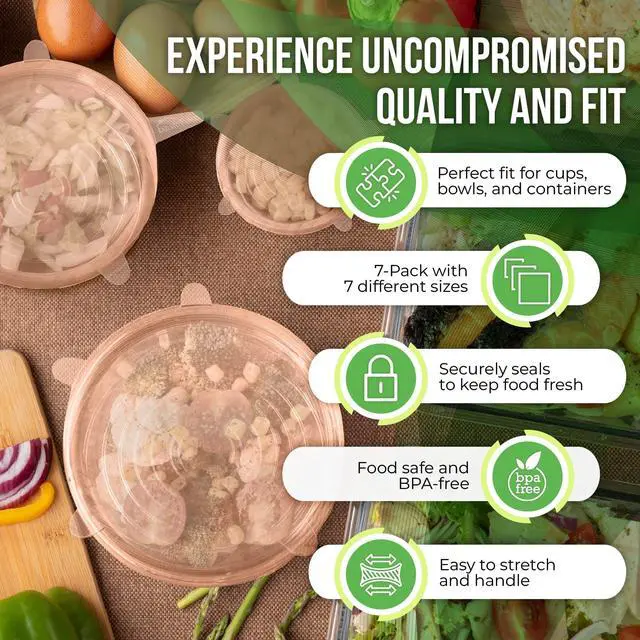 Alt view image 3 of 7 - Reusable Silicone Stretch Lids for Food Storage in Fridge - Elastic Heat-Resistant Bowl Covers, Cups, Cans, Jars - Universal Food Grade Lid for Containers - 7 Pack - Apricot Stretchy Lid Set
