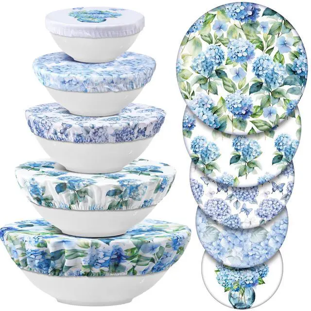 Main image of 10 Pcs Bowl Covers Reusable in 5 Size Stretch Cloth Fabric Elastic Food Storage Bowl Covers Bread Sourdough Lids for Proofing Food Fruits Leftover(Blue, White, Green,Hydrangea Style)