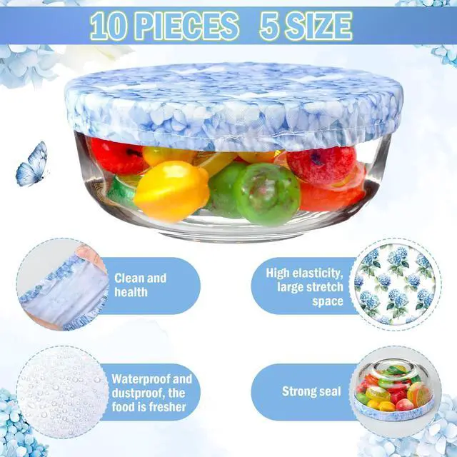 Alt view image 5 of 7 - 10 Pcs Bowl Covers Reusable in 5 Size Stretch Cloth Fabric Elastic Food Storage Bowl Covers Bread Sourdough Lids for Proofing Food Fruits Leftover(Blue, White, Green,Hydrangea Style)