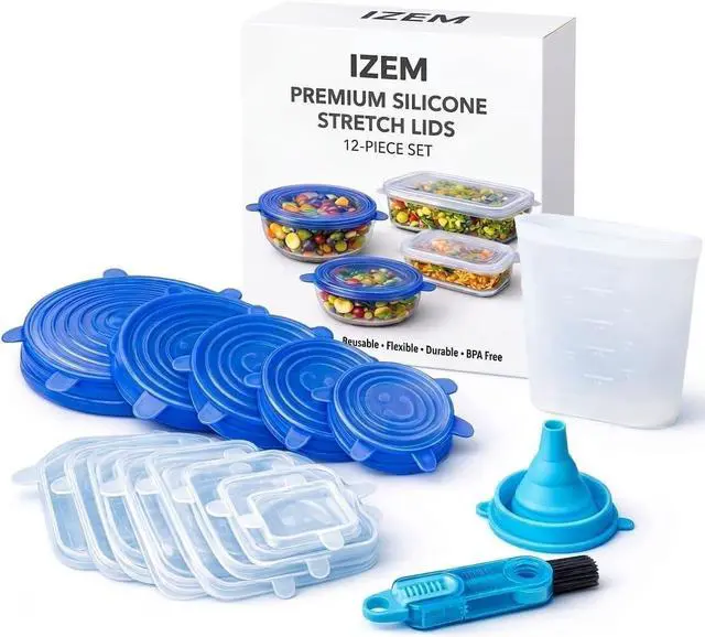 Main image of Premium Reusable Silicone Stretch Lids Set 12 Pack (6 Round Blue + 6 Rectangle White) BPA-Free, Airtight & Leakproof Bowl Covers + 500ml Silicone Bag, Funnel & Brush