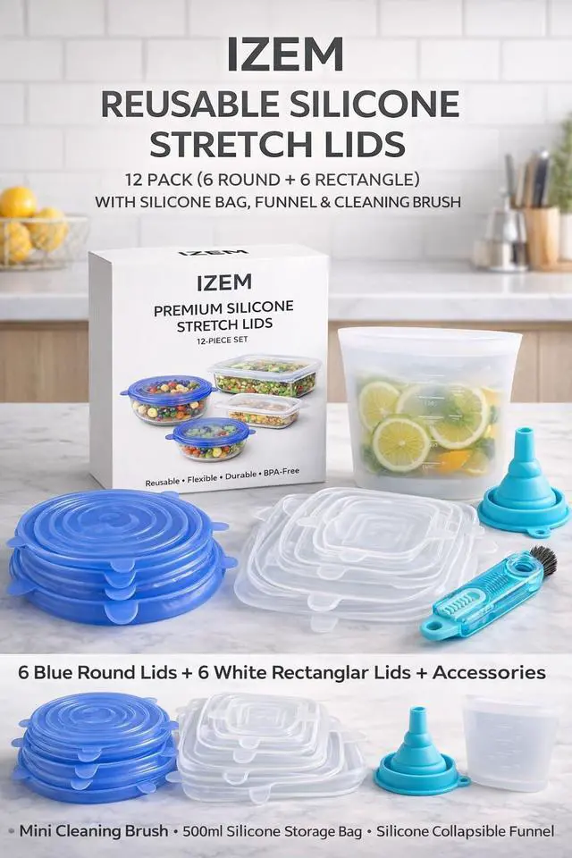 Alt view image 2 of 7 - Premium Reusable Silicone Stretch Lids Set 12 Pack (6 Round Blue + 6 Rectangle White) BPA-Free, Airtight & Leakproof Bowl Covers + 500ml Silicone Bag, Funnel & Brush